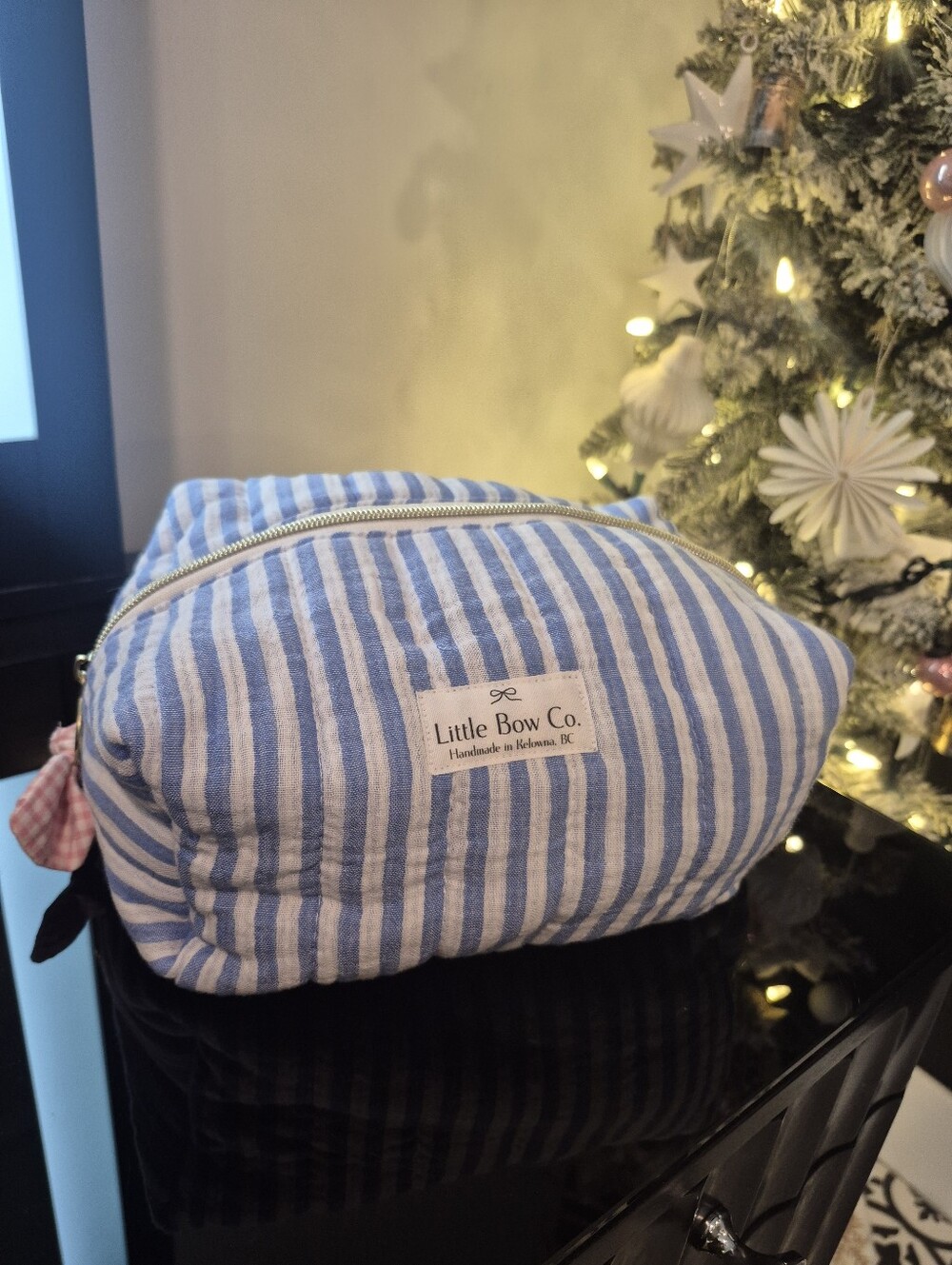 Little Bow Co. Blue & White Striped Accent Cotton Muslin Cosmetic Pouch
